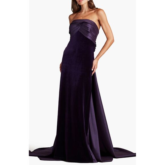 NWT $588‎ Tadashi Shoji [ 12 ] Conley Strapless Velvet Taffeta Gown Plum putple - Picture 3 of 5